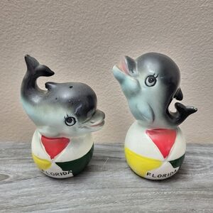 Vintage Florida Dolphin Ceramic Salt & Pepper Shaker Set Japan MCM